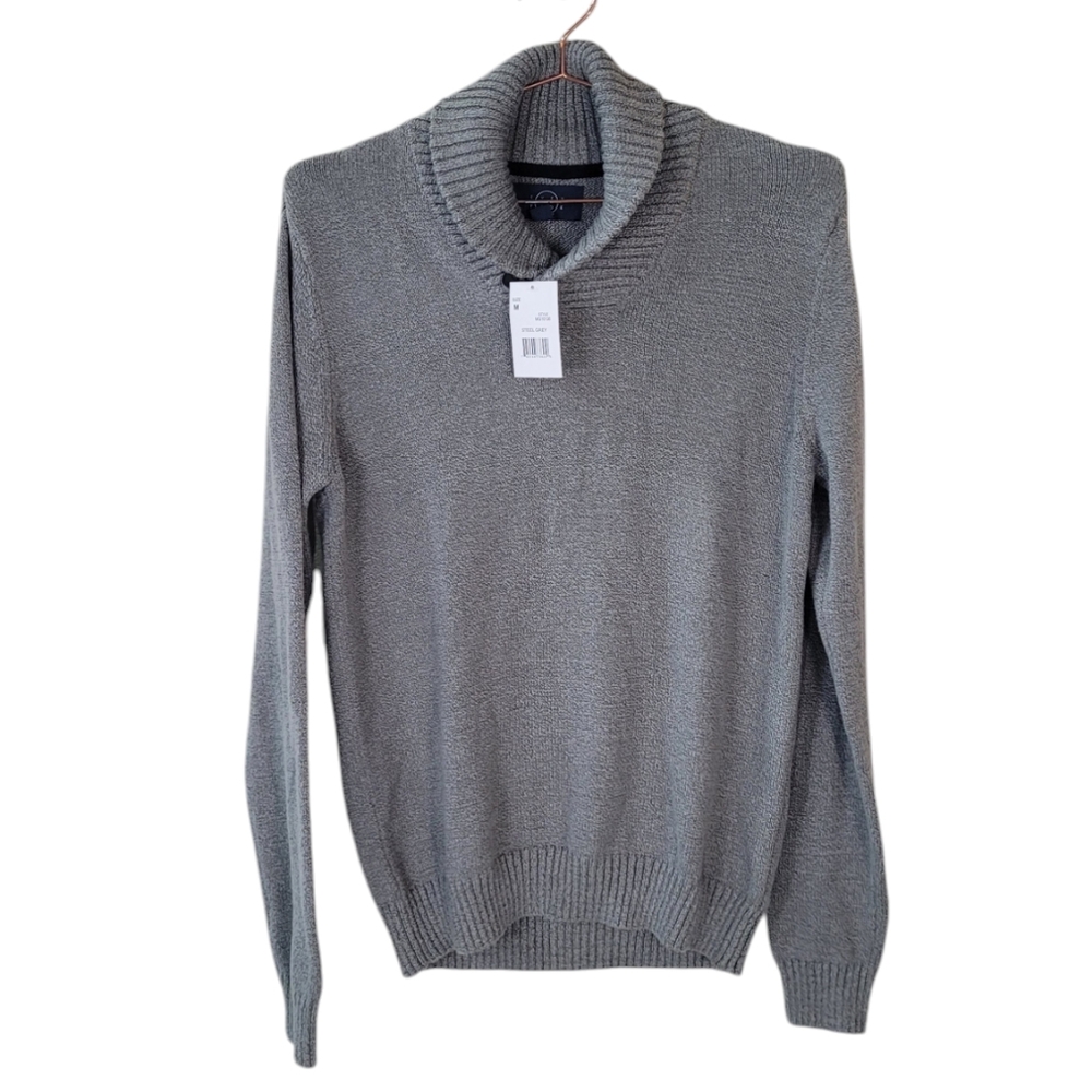 EVEN TIDE Steel Grey Button Shawl Collar Mock Neck Sweater Size M